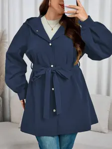 Women's Plus Size Windbreaker Coat Jackets Outerwear, Long Sleeve Hooded Button Front Waist Belt Design, Elegant Casual Fashion Style, Comfortable Daily Wear Womenswear