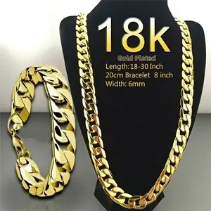 Men’s 18K Gold-Plated Cuban Link Chain Set, 6 mm Wide, 18–30 Inch Necklace and 20 cm Bracelet, Heavy-Duty Interlocking Links, Hypoallergenic, Tarnish-Resistant, Fashion Jewelry Gift