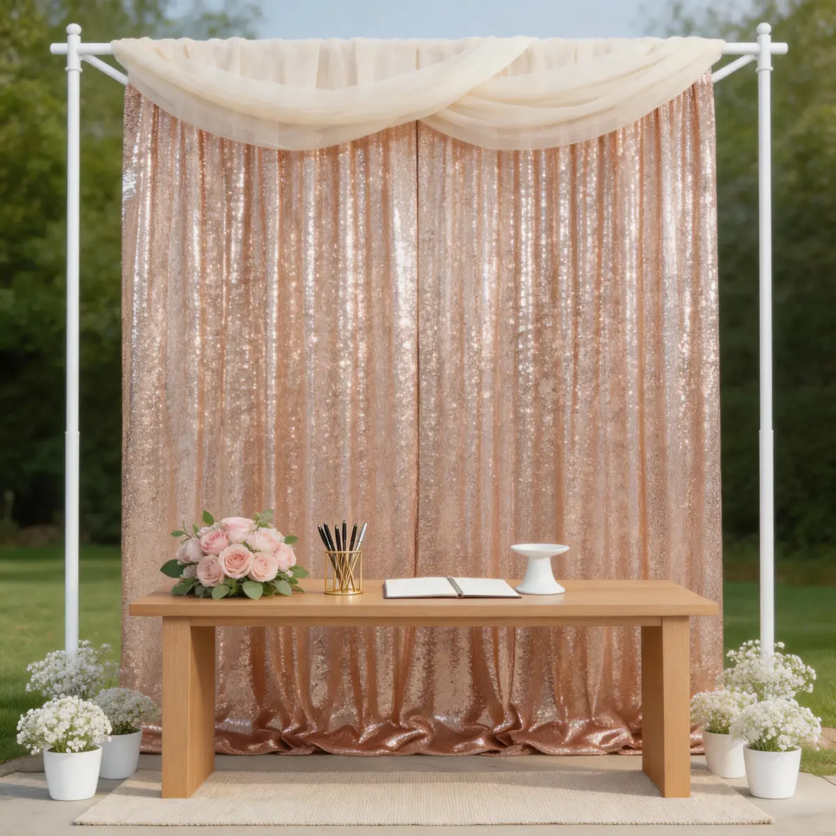 2-Panel Rose Gold Sequin Mesh Backdrop Curtain, 4x8 ft High-Density Glitter Fabric Round Banners for Wedding Photography, Casual Spaces, Parties, Photo Booths Decor