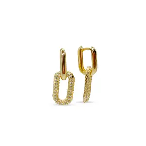 18k Yellow Double Oval Hoop Set with Pave CZ Dangling