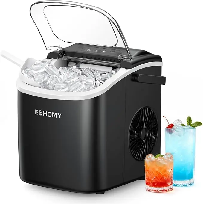 EUHOMY Countertop Ice Maker  with Handle, 26lbs in 24Hrs, 9 Ice Cubes Ready in 6 Mins, Auto-Cleaning Portable Ice Maker with Basket and Scoop, for Home/Kitchen/Camping/RV.  (2024 New Silver), Icemachine, Countertop Ice Machine