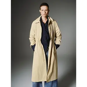URBAN REVIVO 2026 Spring Women's Minimalist Shiny Ruched Cotton Trench Coat - Long-Sleeve, Medium-Length, Loose-Fit Casual Outerwear, Tops-Inspired Modern Style, UWH150070
