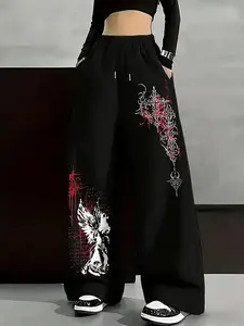 Women's Casual Sporty Long Pants, Cross Wings Angel Graphic Print, Drawstring Loose Wide Leg, All Seasons Fashion, Ladies' Comfortable Trousers, Casual Lounge Pants