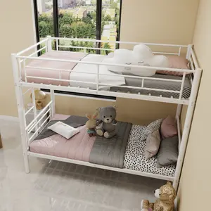 Twin Over Twin Bunk Bed with Built-in Ladder and Safety Guardrail, Heavy Duty Metal Bunkbeds, Space Saving, Convertible 2 Beds, Noise Free, No Spring Box Required