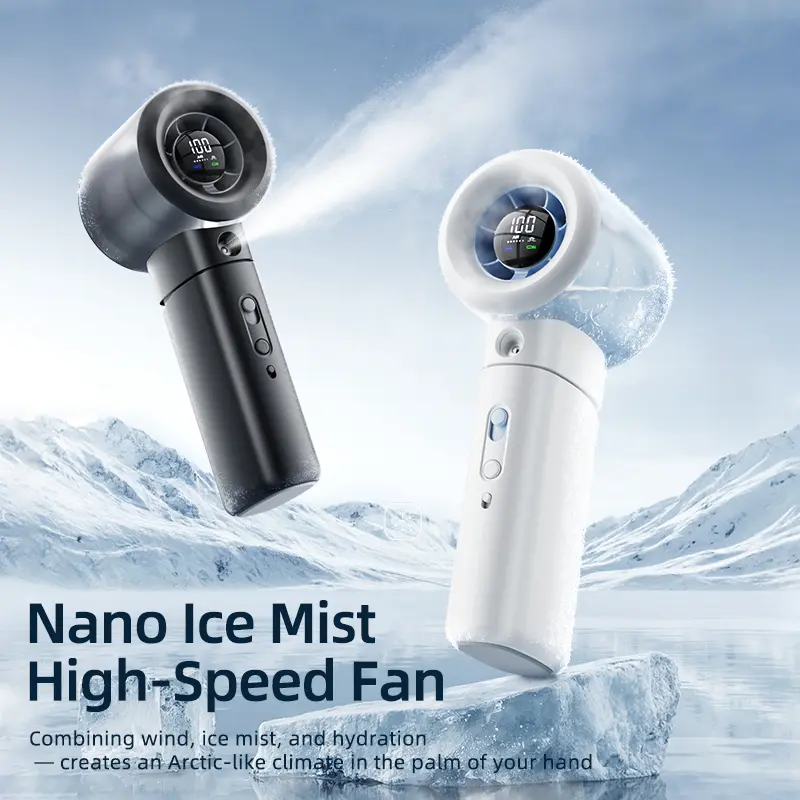 Nano Ice Mist High-Speed Fan Portable Handheld Turbo Fan 100-Speed Wind Power Ice Cooling Foldable 3-in-1 Summer Essential Travel Outdoor Gift for Girls Rechargeable USB Charging