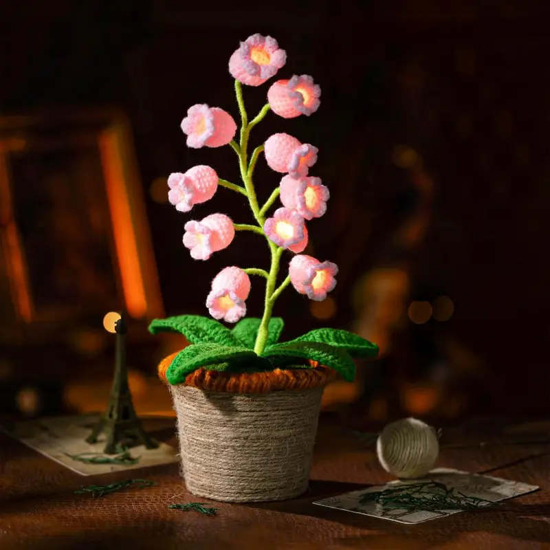 Cordless Lily of The Valley Crochet Flower Night Lamp in Pink, Artificial Floral Rechargeable Table Light, Soft Warm Glow Desk Decor for Bedroom Dresser, Unique Sentimental Present for Her, Ideal Holiday Gift for Mom Girlfriend Wife Housewarming Indoor Ae