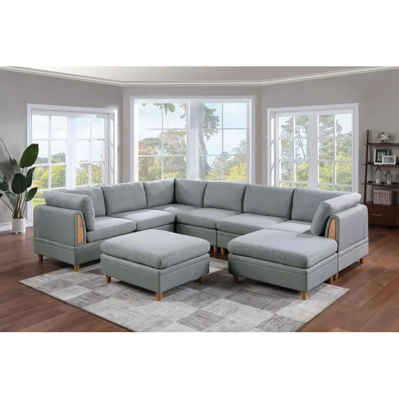 Living Room Furniture 8pc Sectional Sofa Set Light Grey Dorris Fabric Couch 3x Wedges 3x Armless Chair And 2x Ottomans On-Site