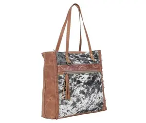 Myra Western Look Tote Shoulder Bag - Women's Hair-On Leather Luggage with Fringe Accents, Adjustable Strap, Neutral Tone, Textured Front, Secure Close, Tote Shoulder Bags
