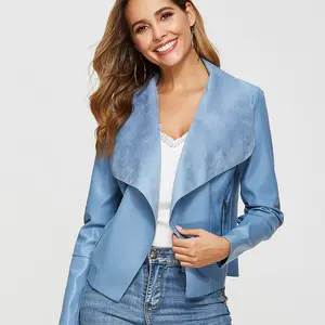ESCALIER Women's Faux Leather Lapel Blazer Coat - Long Sleeves Solid Color Fitted PU Fabric Motorcycle Biker Outerwear, Casual S-2X Plus Size Lady Solid Color Jacket, Women's Outdoor Wear