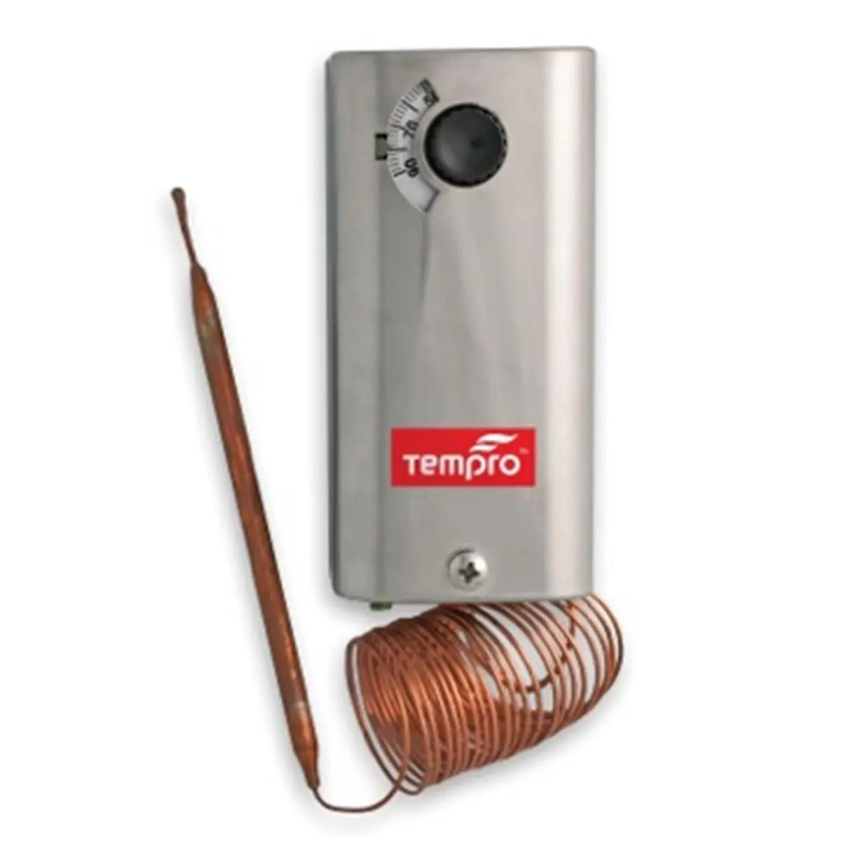Tempro Line Voltage SPDT Thermostat for Heat/Cool, Steel Housing, 96 in. Bulb, -30 to 90°F Temperature Range