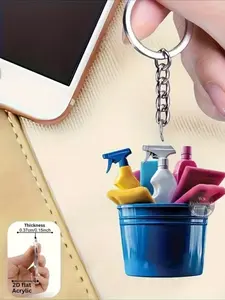 2D Flat, 1 Multifunctional Cleaning Supplies Theme Keychain with Multi-Loop Design & Color Coded Pendant Ring - Car Keys, Phone & Backpack Accessories - Durable - Housewarming Gift - Decorative & Functional Keyring, Design, 2D Flat