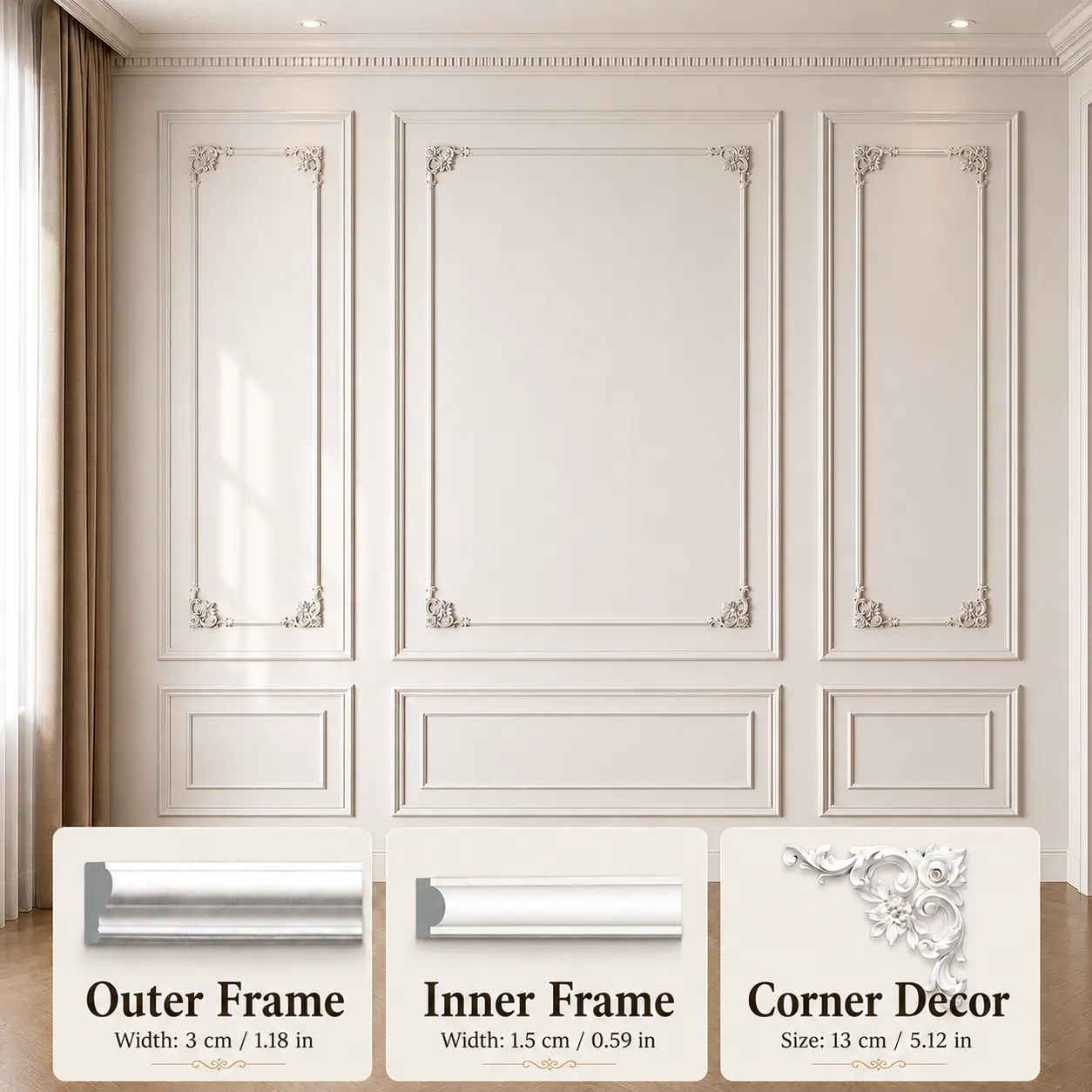 ASHOME Pre-Cut Decorative Wall Panel Kit - DIY Wainscoting Interior Moulding Trim for Living Room Decor, Bathroom Decor Ideas, wall decor 3 Top, 3 Bottom wall decor Available in various styles; options include an inner frame and corner accents.