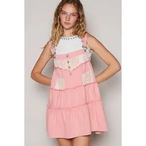 POL Lace Patchwork Detail Denim Overall Dress