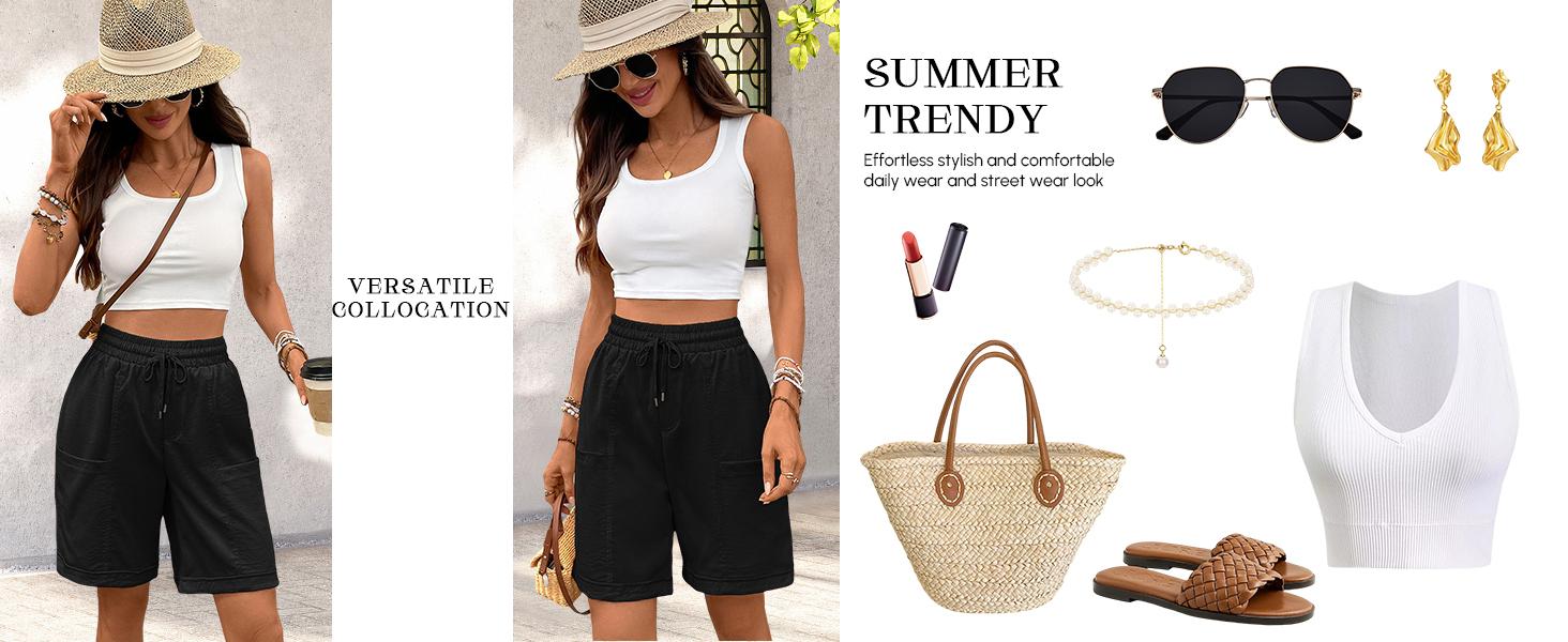 Women's Bermuda Long Shorts Summer 8'' High Waisted Casual Sports Short Elastic Drawstring Pull On Short with Pocket