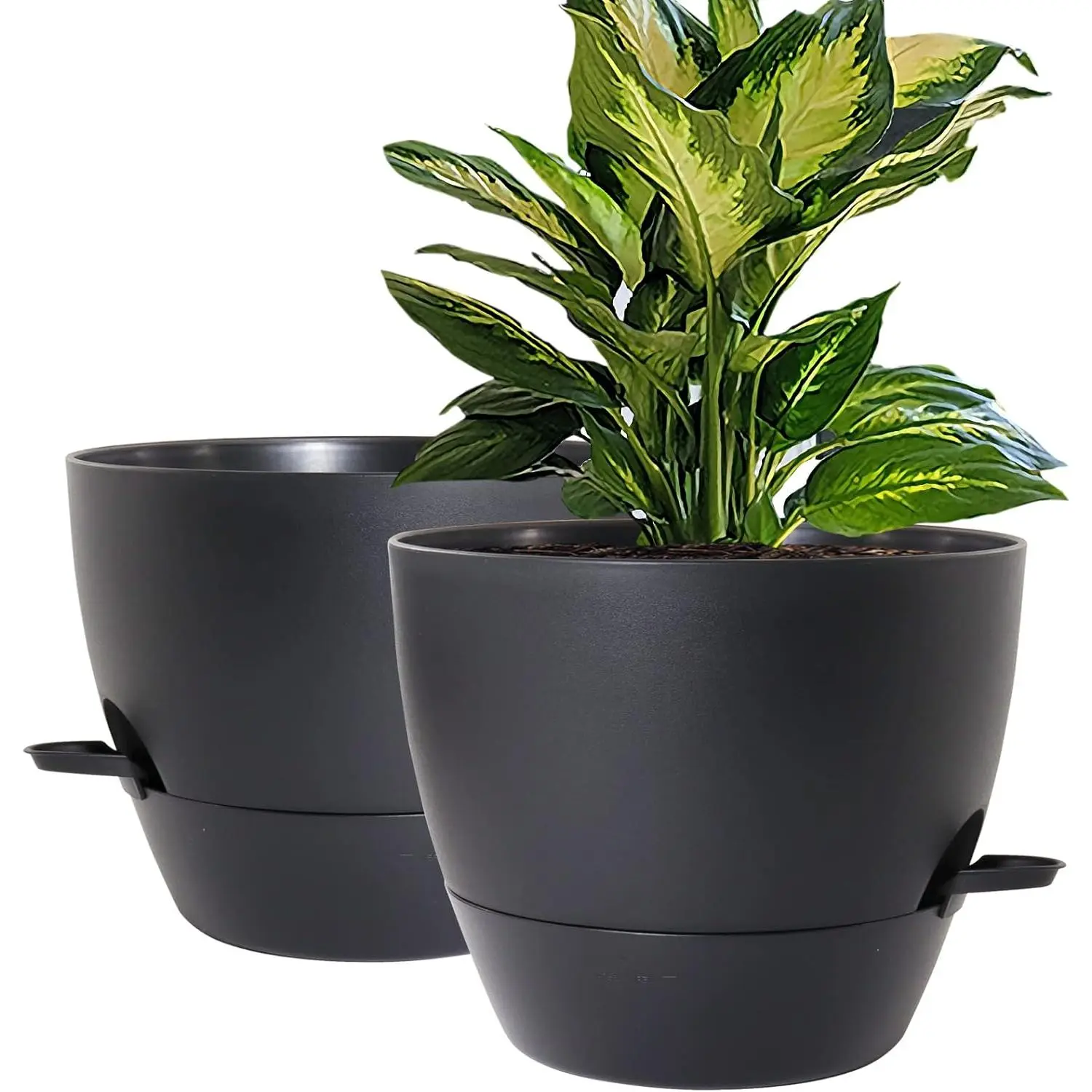 10 inch Self Watering Planters, 2 Pack Large Plastic  Pots with Deep Reservior and High Drainage Holes for Indoor Outdoor  and , Black