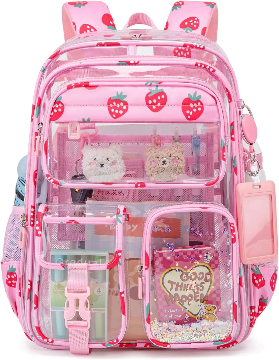 Clear Backpack for School,Transparent Backpack Stadium Events,Heavy Duty Clear Bookbag for Girls,Boys,Work,Sport Pink Strawberry