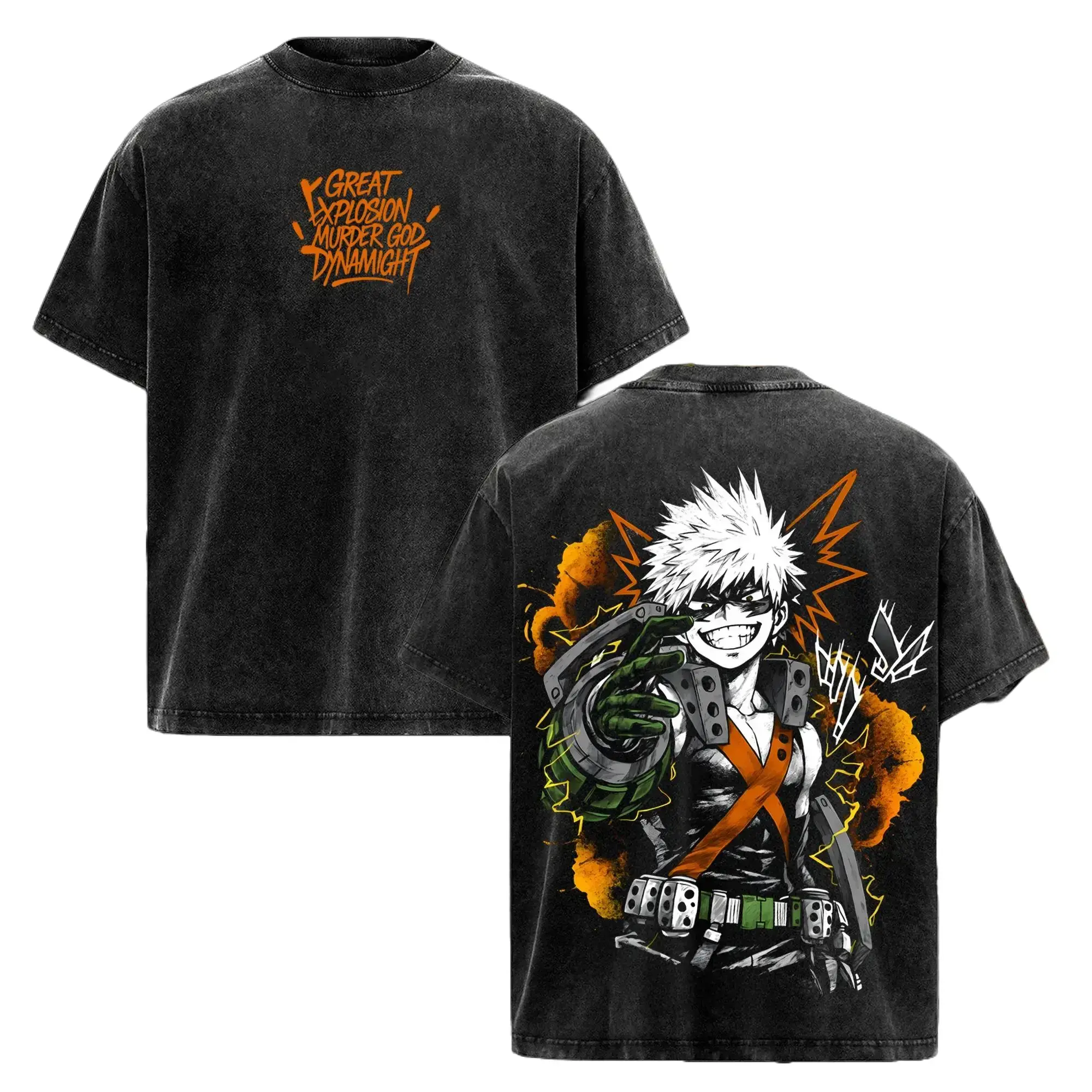 Women's Classic Round Neck Seamless Short-Sleeve Vintage Acid Wash Katsuki Bakugo Oversized Graphic T-Shirt - My Hero Academia Season 8 Anime Tee, Dynamight Manga Top, Soft Cotton Streetwear, Casual Unisex Apparel, MHA Fan Gift by KISETSU WEAR Merch