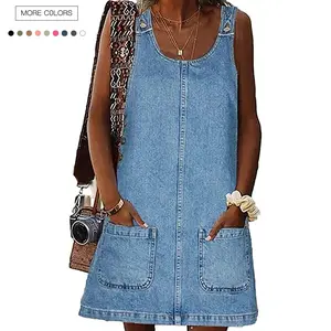Danedvi Women's Loose Sleeveless Crewneck Vintage Casual Denim Mini Dress - Breathable Short Overall with Strap Detail, Soft Pockets for Summer Outdoor Wear,summervibes