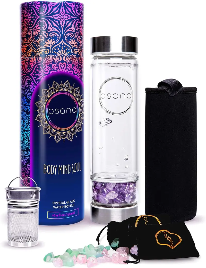 OSANA Crystal Water Bottle with 3 Changeable Healing Crystals – Amethyst, Rose Quartz, Green Fluorite – Loose Leaf Tea Bottle – Gem Elixir Infused Glass Water Bottle - 16.9 oz