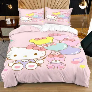 Hello Kitty Cute Duvet Cover Set (2/3 Pcs): Includes 1 Duvet Cover + 1/2 Pillowcases (No Filler), Sweet Pink Balloon - Holding, Teacup Cute Pets, Trendy Black - White Graffiti, Fresh Mint Green Desserts, Girly Bedroom Decor, Children's Room Renovation