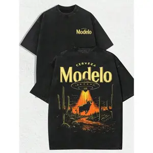 Retro American-Beer 'Cerveza Modelo' UFO Abducting Bull In Desert Cactus Scene & Bold Text" Print Black T-Shirt, Vintage Distressed Aesthetics, Spring/Summer Men Women Clothes, Regular Fit T-Shirt Round Neck Fitness