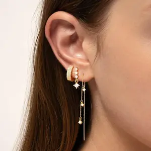 Best-selling brass with real gold plating, zircon-inlaid fashionable four-pointed star pendant earrings, women's three-piece set