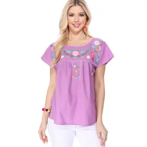 Women Traditional Puebla Mexican Embroidered Blouse Lilac MT801