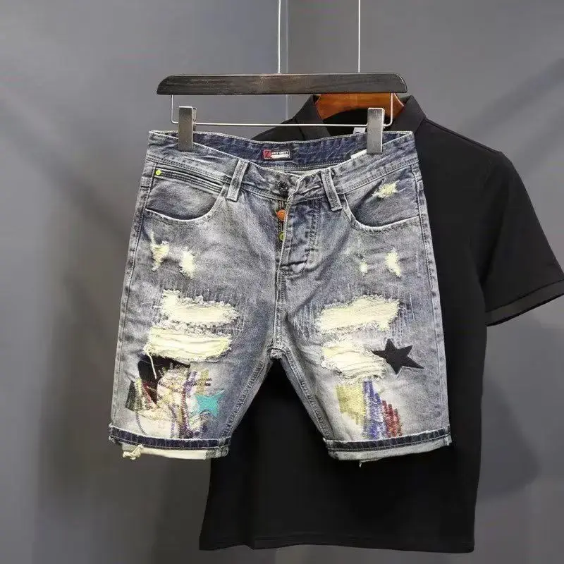 graphic shorts New  Summer Slim Denim Shorts for Men with Distressed Ripped Embroidered Cat Whiskers Hip Hop Streetwear Short Pants