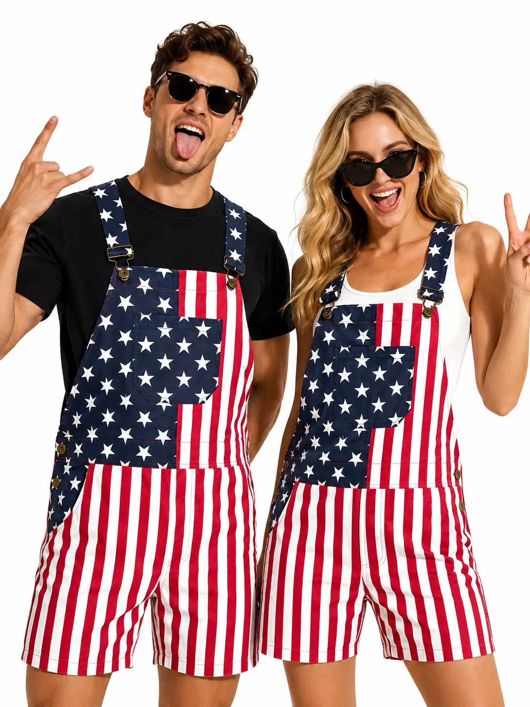 Unisex Classic Sleeveless Button-Front Overall Shorts, Polyester Lightweight Poly Denim Bib Romper, 4th of July Patriotic Flag Adult Casual Comfy Holiday Coveralls
