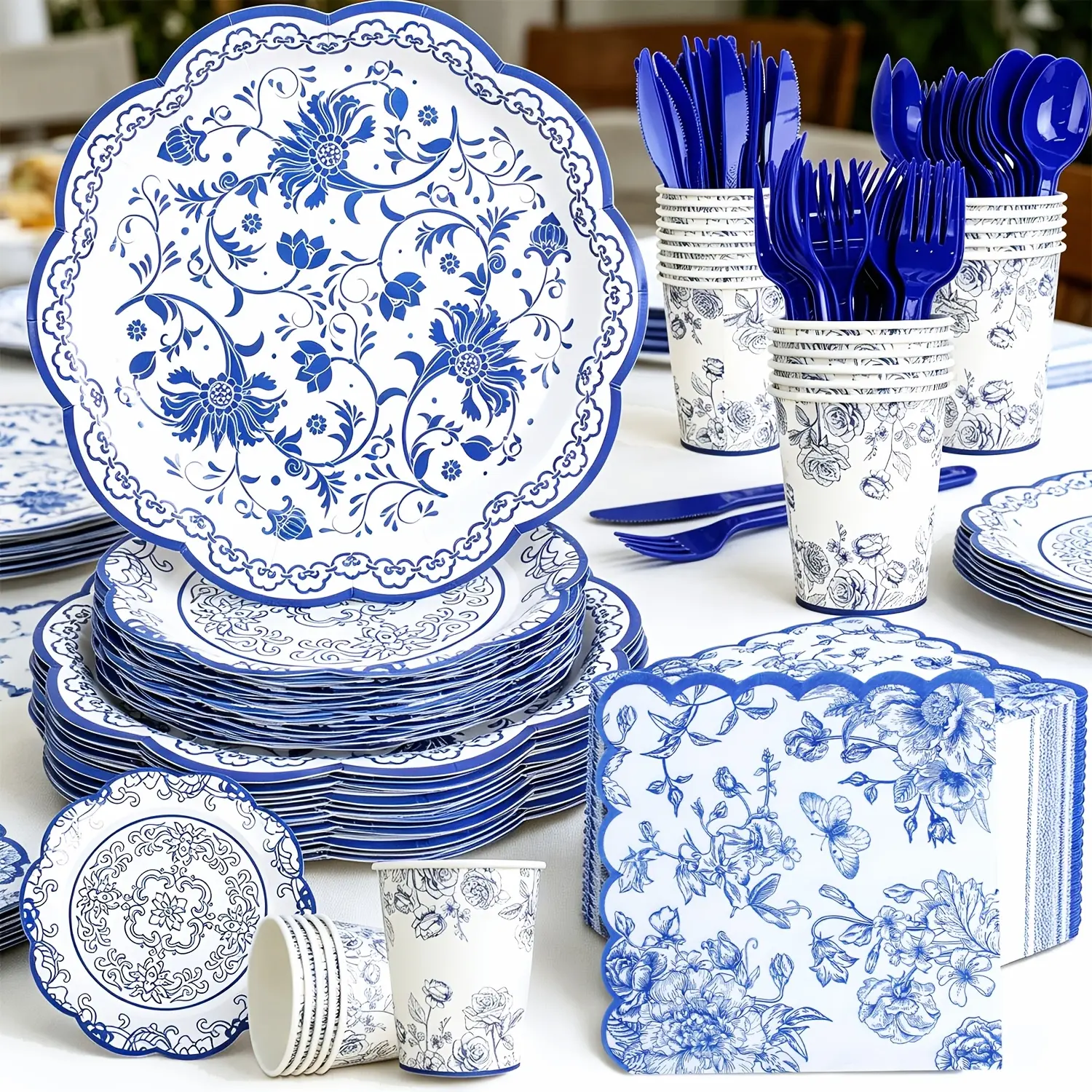 140pcs of Blue And White Floral Party Supplies for Decoration. Ceramic Pattern Disposable Paper Plates, Napkins, Paper Cups And Plastic Knives, Forks Spoons Are Suitable for Christening, Birthday, Wedding And Tea Party Services for 20 Guests
