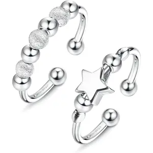 MILACOLATO 2pcs 925 Sterling Silver Anxiety Spinning Rings Anxiety Ring Fidget Anxiety Rings Anti-Stress Silver Spinner Bead Ring for Women Silver