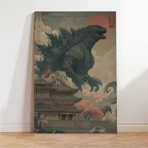 Vintage Godzilla Canvas Art, Japanese Monster Illustration with Pagoda and Clouds, Retro Style Wall Decor, Collectible Godzilla Artwork
