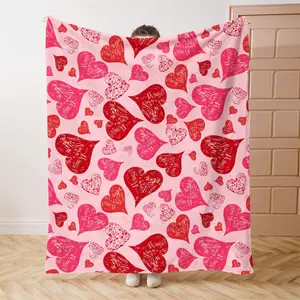 Valentine’s Day Heart Throw Blanket – Reversible Red & Pink Flannel Blanket – Lightweight All-Season Cozy Bed or Couch Decor – Machine Washable Romantic Gift