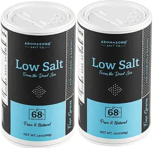 Aromasong Salt Co. Low Sodium Dead Sea Fine Grain Salt (13oz Jar, 2-Pack, 500g Equivalent) - 68% Less Than Regular, Savory US Flavor, Potassium Chloride Blend, Ambient Storage, 24-Month Shelf Life, Fine Grain Texture