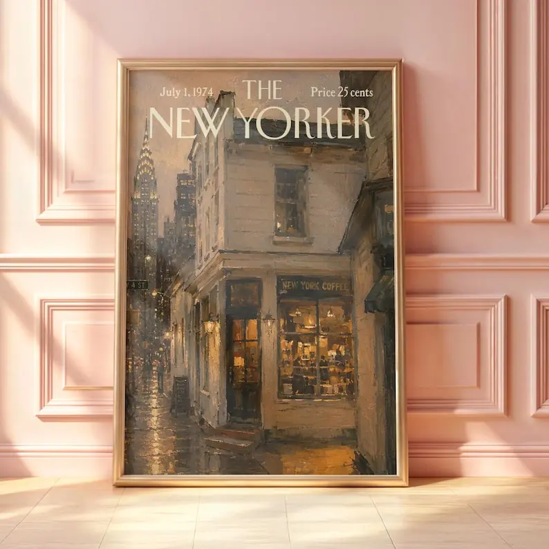 Vintage New Yorker Coffee Shop Poster, Cozy NYC Café Wall Art, Rainy New York Street Print, Chrysler Building Decor, Magazine Cover Style