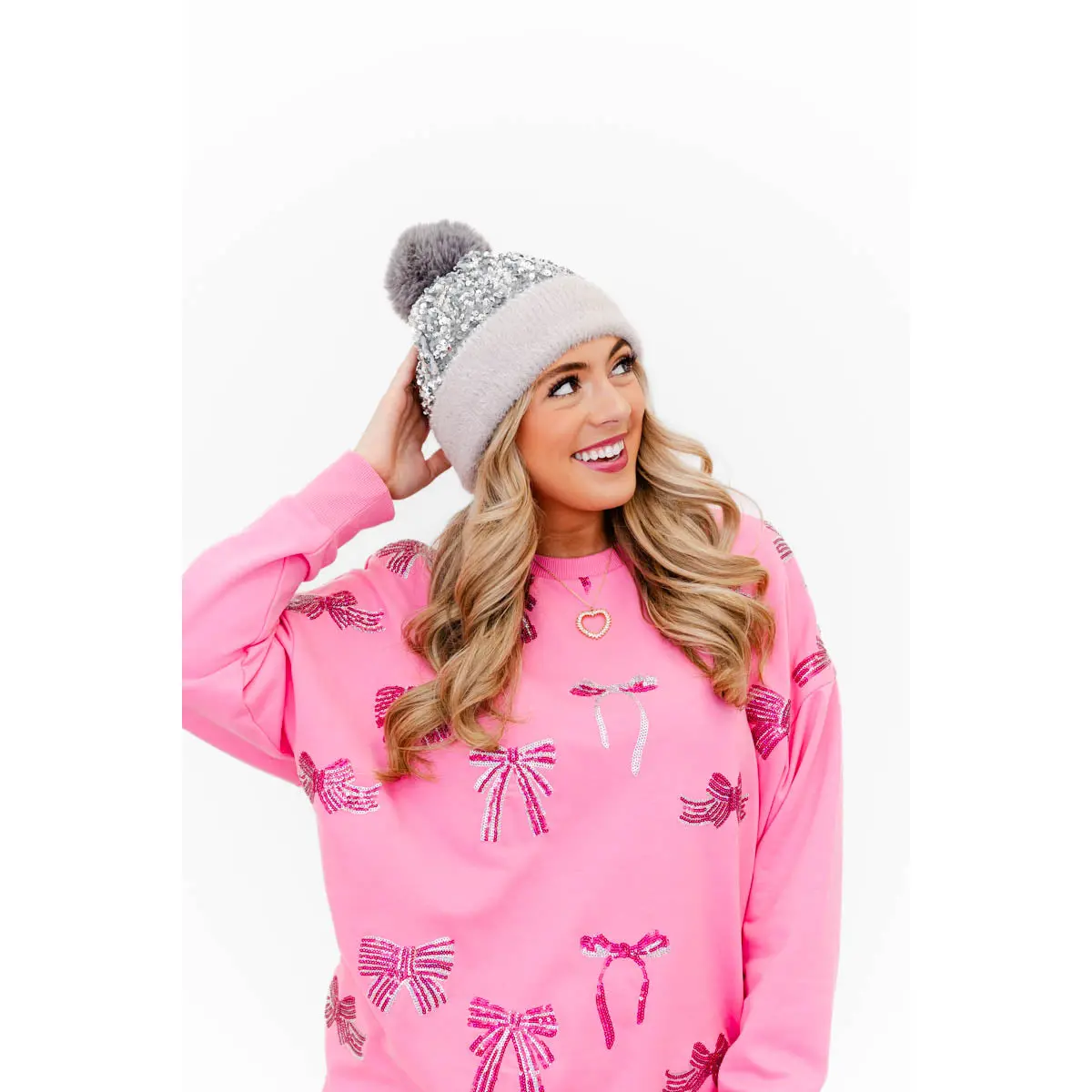 Women's Stretchy Knit Hat with Silver Iridescent Sequins - Warm Cuffed Pom Beanie with Removable Faux Fur Pom, Fashion, Trendy, Clothes, Brushed Knit, Sequin Accents, Knit Fabric, Cuffed Brim