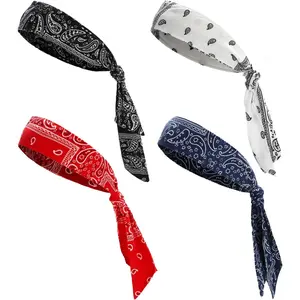 4 Pieces of Vintage Headband for Men and Women - Elastic, Non Slip, Sweat Absorbing Polyester Blend - White, Black, Blue, Red, Suitable for Sports, Yoga, Fitness