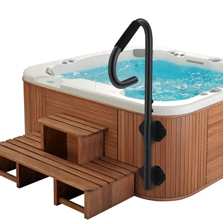 Hot Tub Handrail with LED Light, 360° Rotatable, Adjustable 35"-57", Carbon Steel, Non-Slip Grip, Slide-Under Base, Indoor & Outdoor Spa