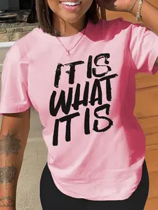 Women's Letter Print Round Neck Tee, Summer Clothes Women Trendy Casual Short Sleeve T-shirt for Daily Wear, Ladies Summer Outfit