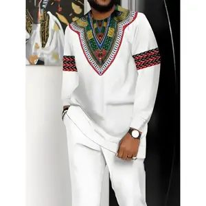 Men's Ethnic Geometric-Patterned Suit Casual Crew Neck Long-Sleeve Knit Polyester 100% All-Season Regular Fit with Pockets Breathable Clothes Fabric Menswear Stretch