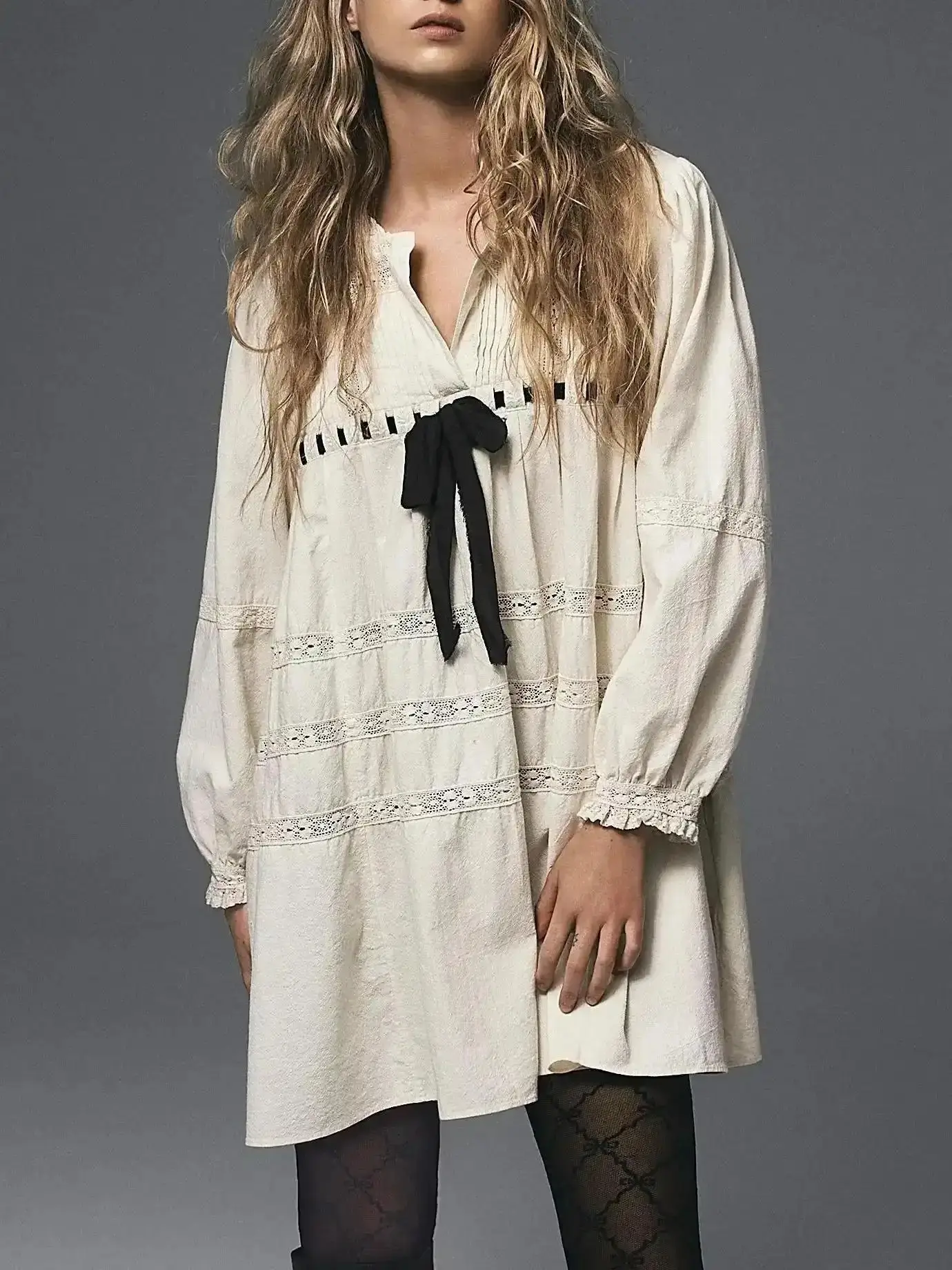 Women's Loose Fit Babydoll Mini Dress, Long Sleeve Dress with Lace & Bow Detail, Casual Flowy Tunic Dress for Fall summer, Casual Chic Street Outfit, Everyday Elegant Clothing, Comfortable Fashion Dress