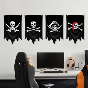 Pirate Flag Banner Set, 4pcs Vertical Shabby Flags, 12x20in (30x50cm) with 2 Grommets, Party Decorations Banners, Ideal for Halloween Decorations & Parties