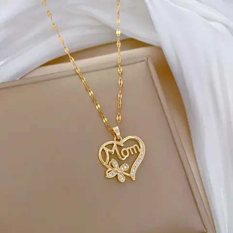 Women's Non-Tarnish Stainless Steel Heart-Shape Link Chain Necklace with Butterfly CZ Pendant, Auspicious Comfortable Mom Birthday & Mother's Day Gift for Female Daily & Special Occasion Wear
