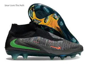 Mid High Slip On Knit FG Soccer Cleats Multicolor Stripe Dual Green Orange Logo Iridescent Gold Transparent Firm Ground Studs Ankle Collar Professional Football Shoes Unisex