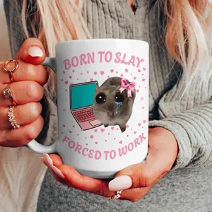 [Sale off up to 50%] Born to Slay Forced to Work Mug, Funny Sad Hamster Tiktok Viral Meme, Just a Girl Gift for Her, Funny Work Gift, Coworker Mug, Pink Gifts, 11oz & 15oz ceramic mug