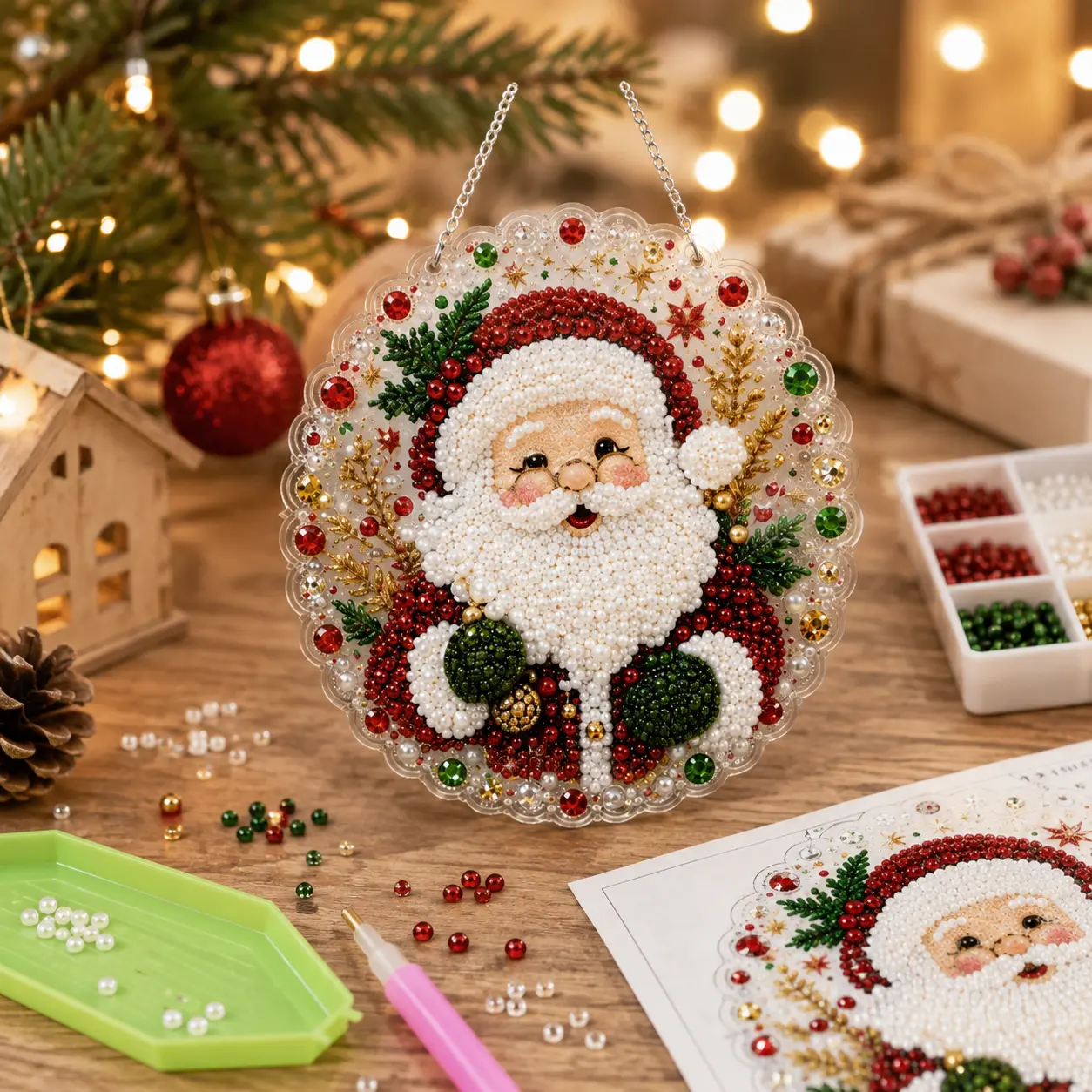 Christmas 5D Diamond Painting Ornament Kit, DIY Pearl Bead Art Hanging Decor with Tools, Beginner-Friendly Holiday Craft Gift for Adults & Teens