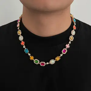Dopamine hip-hop style colorful gemstone puzzle necklace, niche high-end opal and diamond clavicle chain