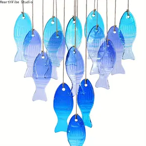 Handmade Blue Glass Fish Wind Chime - Large Outdoor/Indoor Hanging Decor with Vibrant Spherical Fish, No Electricity Needed for Garden, Patio, Beach Parties, Weddings & Holidays (Halloween, Christmas, Easter, Valentine's Day)
