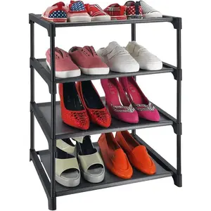 4 Tiers Small Shoe Rack,Narrow Stackable Shoe Shelf Organizer,Sturdy Shoe Stand, Non-Woven Fabric Metal Shoe Racks for Entryway