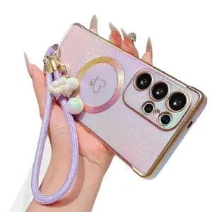 Electroplated Heart Pattern Phone Case with Wrist Strap for Samsung Galaxy S26/S25/S24/S23/S22/S21 Ultra/Plus, S26/S25Edge/S24FE/S23FE, Wireless Charging Compatible, Anti-Slip & Shockproof Protective Cover